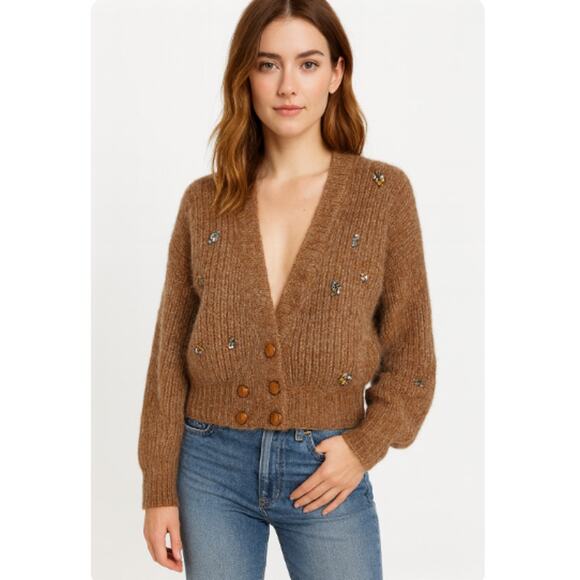Anthropologie Charlie & Robin SZ M Brown Mohair Angora Wool Sweater Crystals - Picture 1 of 6